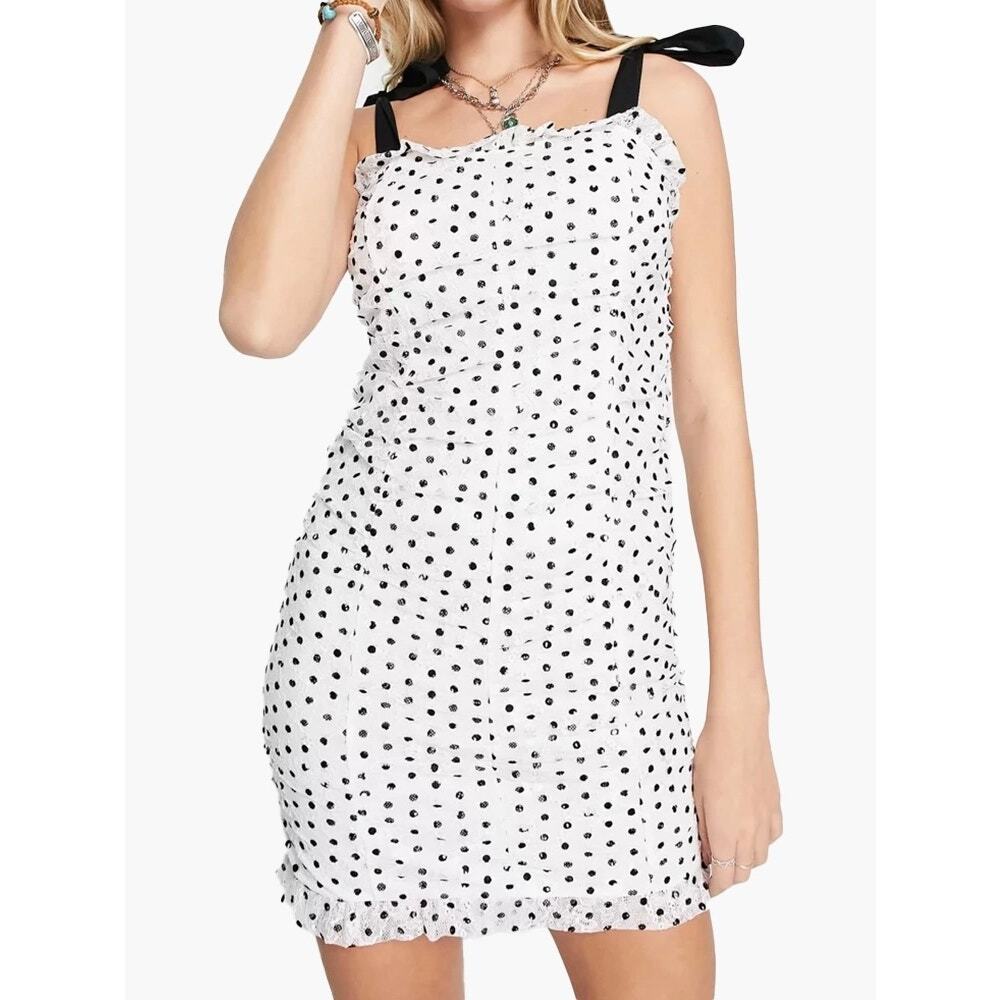Topshop Polkadot Lace Ruched Tie Shoulder Mini Dress Womens 8